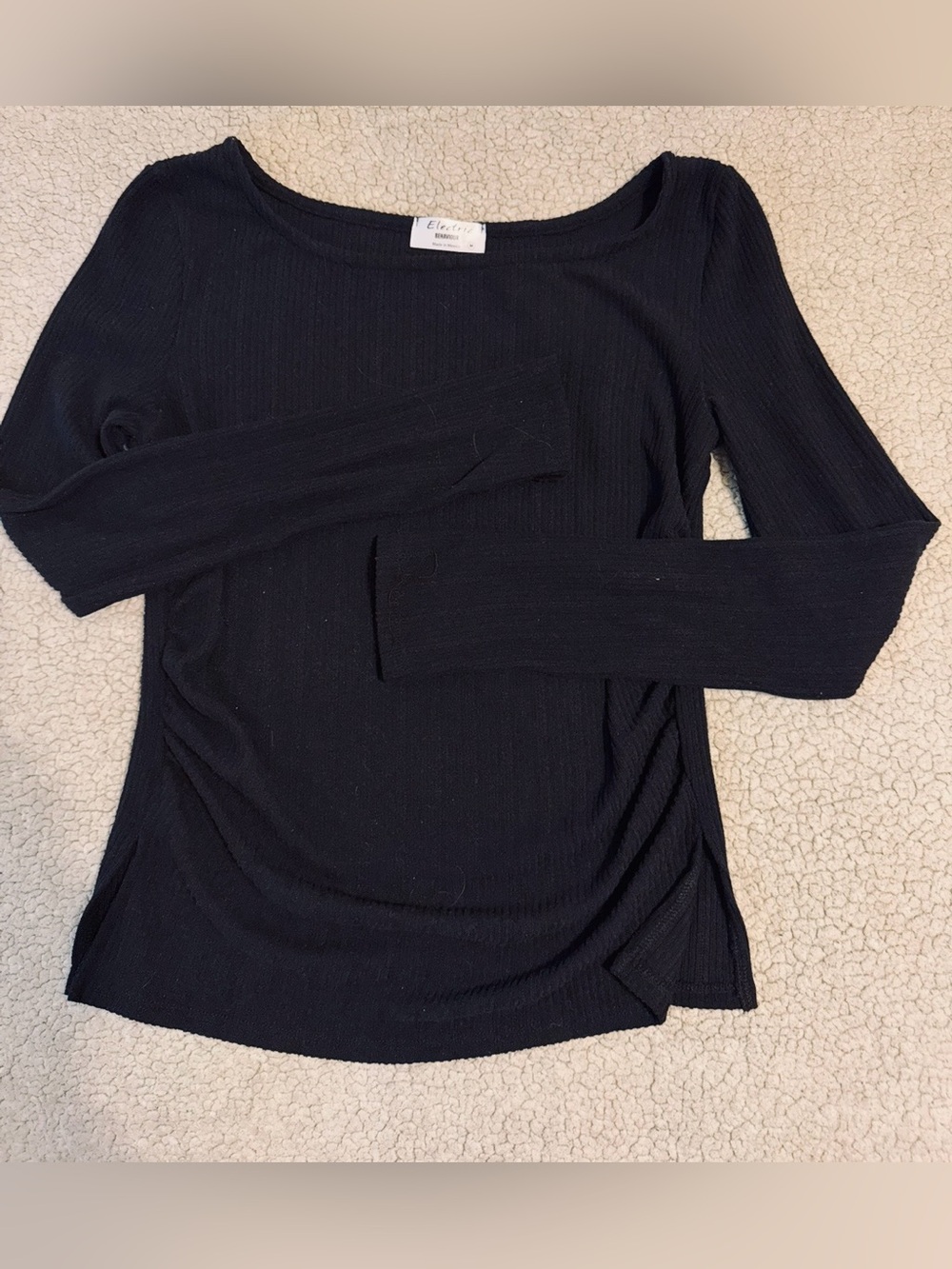 Electric Family Black Ribbed Boatneck Long Sleeve Top with slits on sides